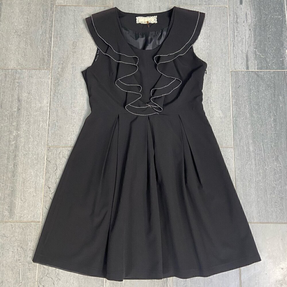 A'reve A-Line Pleated Scoop Neck Ruffle Midi Dress Black Size Medium